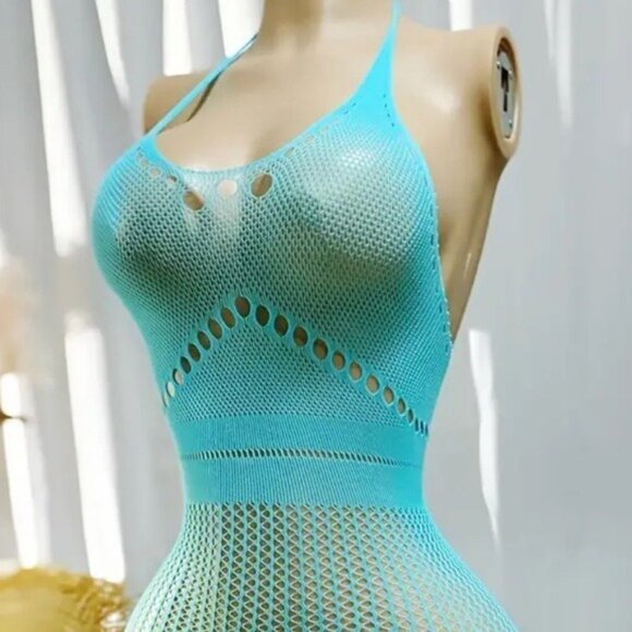 Aqua Blue Fishnet Crop Bodycon Dress Cover Up - Picture 5 of 6